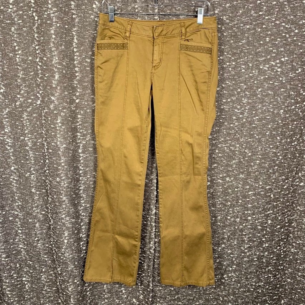 Cache Camel Tan Flare Leg Pants Studded Pocket Y2K Boho Chic Women's 4